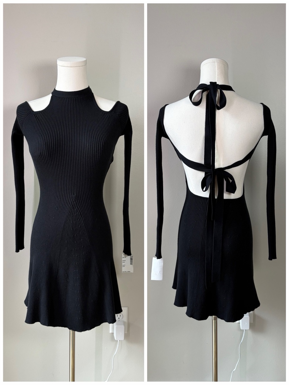 LPA Black Knit Long Sleeve Halter Neck Backless Mini Dress